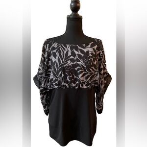 Adiva: Black and White Floral Blouse with Wide Flared Bat Sleeves